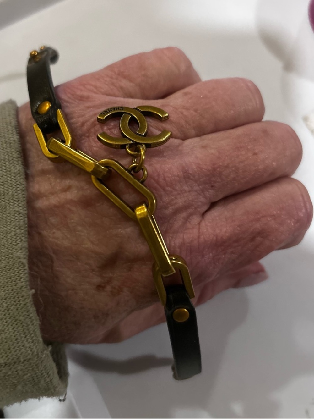 Black Leather Bracelet with Gold-Tone Logo Charm, NEW - Picture 2 of 3